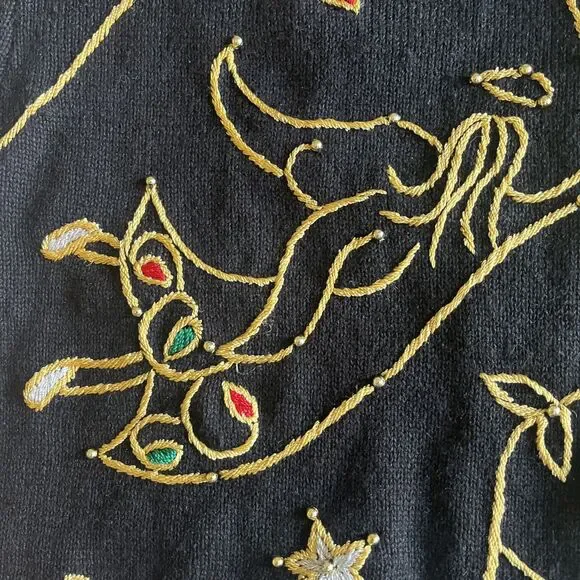 Vintage 1998 Michael Simon Christmas Cardigan Womens L Black Gold Trim Beaded - Picture 6 of 14